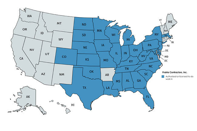 prairie contractors authorized or licensed in the U.S. map